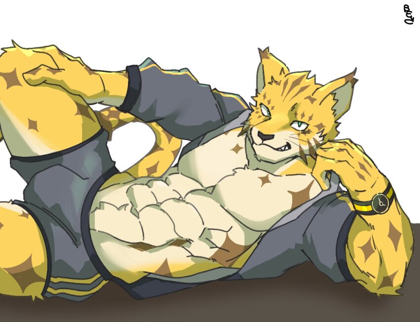 1boy, abs, animal_ears, artist_name, bara, bey293821, bulge, commentary