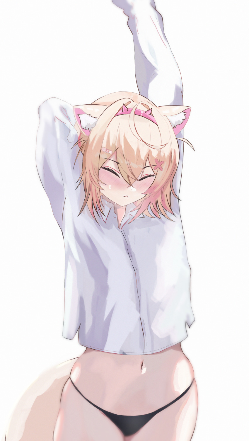 1girl, absurdres, animal_ear_fluff, animal_ears, arms_up, bandaid, bandaid_hair_ornament, black_panties