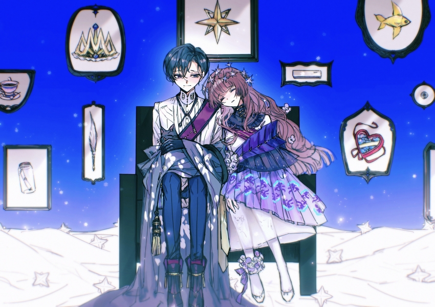 1boy, 1girl, absurdres, adrian_aselva_hubrlgy, animal, animal_on_lap, black_boots, black_cat, blue_eyes, blue_hair, blue_pants, boots, brown_hair, cat, cat_on_lap, chinese_commentary, closed_eyes, closed_mouth, commentary_request, dark_blue_hair, dress, flower, head_on_another's_shoulder, heroine_(the_throne_of_girl), heterochromia, highres, indoors, long_hair, mole, mole_under_mouth, on_lap, panties, pants, purple_eyes, purple_flower, shirt, shoes, short_hair, sitting, smile, the_throne_of_girl, underwear, white_dress, white_panties, white_shirt, white_shoes, xuanyuan