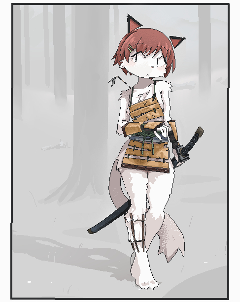 1girl, animal_ears, armor, bad_bluesky_id, bad_id, bare_shoulders, border, breasts, brown_hair, chest_fur, closed_mouth, forest, full_body, furry, furry_female, gauntlets, hair_ornament, hairclip, hamsterfragment, holding, holding_sword, holding_weapon, jaggy_lines, japanese_armor, katana, looking_at_viewer, medium_breasts, monochrome_background, naked_armor, nature, original, outdoors, sanpaku, short_hair, solo, standing, sword, tree, weapon, white_border, white_fur, white_tail
