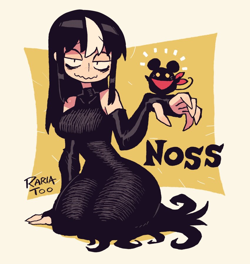 1girl, absurdres, bags_under_eyes, bare_shoulders, black_dress, black_hair, breasts, character_name, closed_mouth, detached_sleeves, dress, elbow_gloves, english_text, glasgow_smile, gloves, highres, jaggy_lines, large_breasts, long_dress, long_fingers, long_hair, looking_at_viewer, mouse_on_hand, multicolored_hair, noss_&amp;_zakuro, noss_(rariatto), pet, rariatto_(ganguri), red_scarf, ribbed_dress, sanpaku, scarf, smile, streaked_hair, vampire, wavy_mouth, white_hair