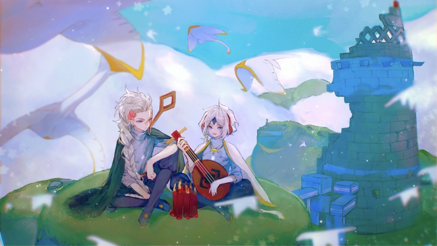 2boys, absurdres, black_boots, black_pants, blue_eyes, blue_sky, boots, braid, caleb_(sky:_children_of_the_light), candle, cape, closed_mouth, day, earmuffs, flower, green_cape, grey_sweater, hair_flower, hair_ornament, highres, holding, holding_instrument, instrument, jewelry, light_particles, multiple_boys, necklace, open_mouth, original_(sky:_children_of_the_light), outdoors, pants, pink_flower, ruins, short_hair, side_braid, single_braid, sitting, sky, sky:_children_of_the_light, smile, sweater, turtleneck, turtleneck_sweater, white_cape, white_hair, xuanyuan