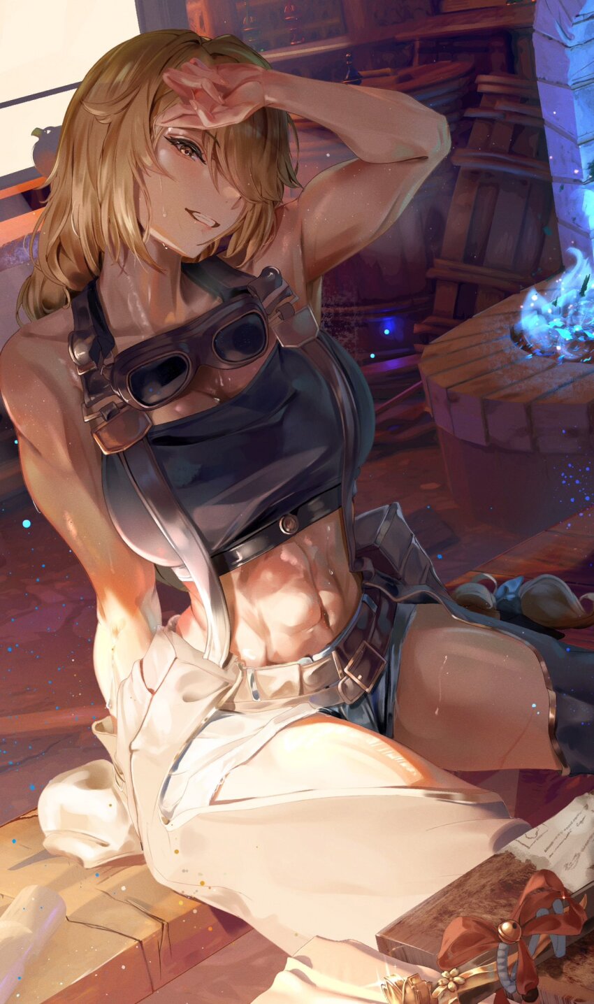 1girl, abs, barrel, blacksmith, blonde_hair, commentary_request, eeekaku_tofu, fire, goggles, goggles_around_neck, hair_over_eyes, highres, muscular, muscular_female, original, shorts, sitting, solo, suspenders, sweat, tank_top, toned, wiping_sweat, yellow_eyes