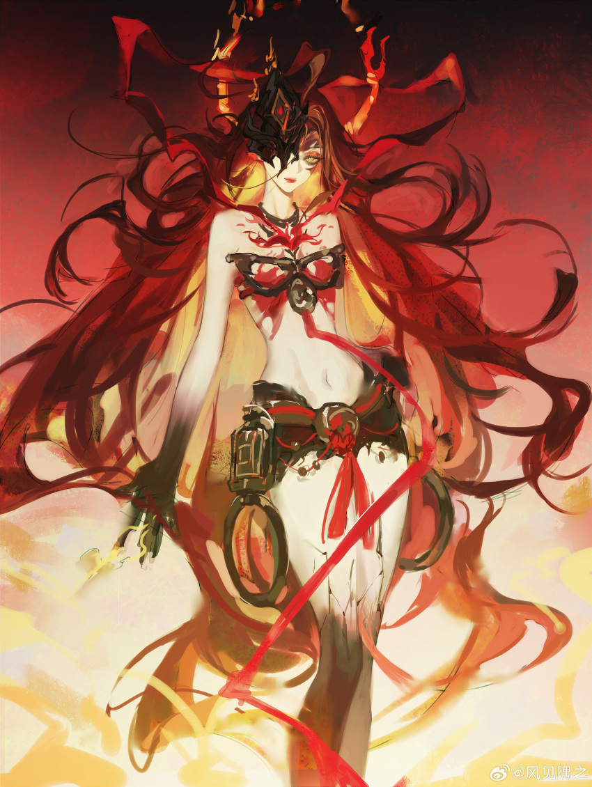 1girl, absurdres, bare_shoulders, character_request, closed_mouth, colored_extremities, colored_inner_hair, eyeshadow, fengjian_yuzhi, fire, halo, halo_behind_head, highres, lips, long_hair, looking_at_viewer, makeup, mask, midriff, multicolored_hair, navel, one_eye_covered, path_to_nowhere, red_eyeshadow, red_hair, red_lips, short_shorts, shorts, solo, tassel, very_long_hair, watermark, weibo_watermark, yellow_eyes
