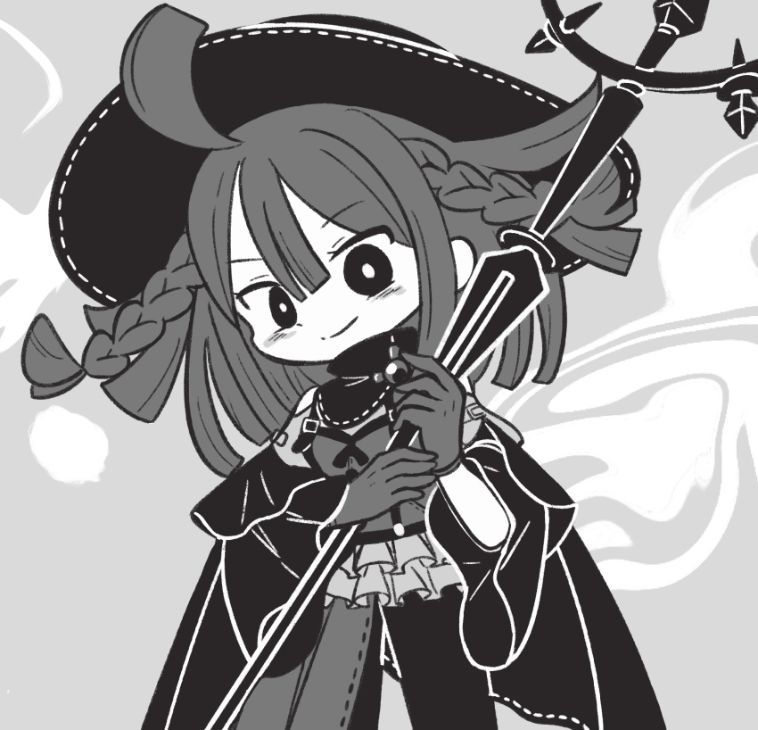 1girl, ahoge, belt_buckle, blunt_bangs, blunt_ends, blush_stickers, braid, bright_pupils