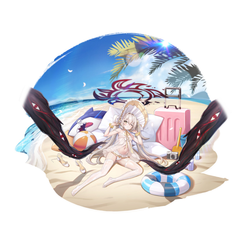 1girl, ;o, alpha_transparency, babydoll, bag, ball, beach, beachball