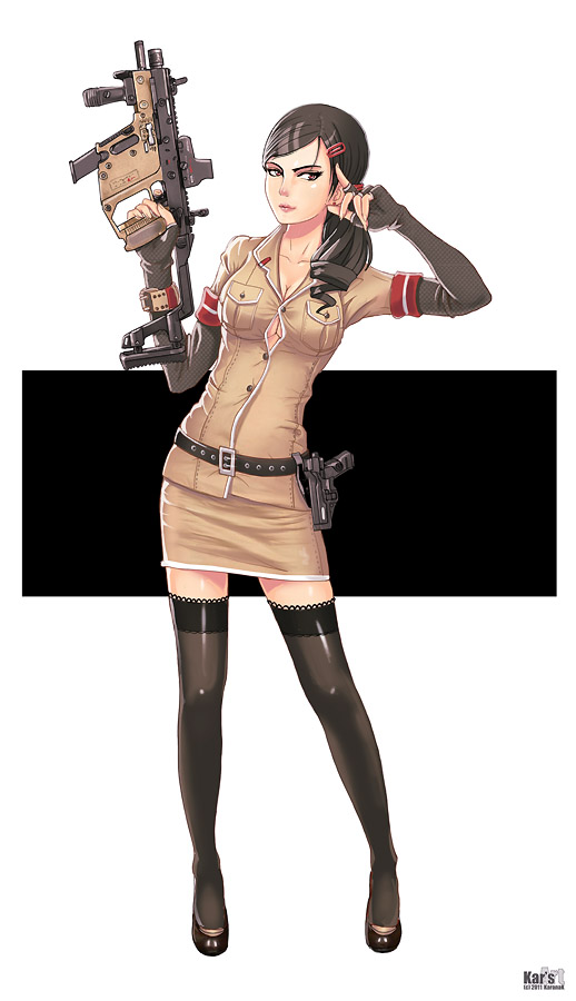 1girl, belt, black_hair, breasts, cleavage, drill_hair, extended_magazine, female_focus