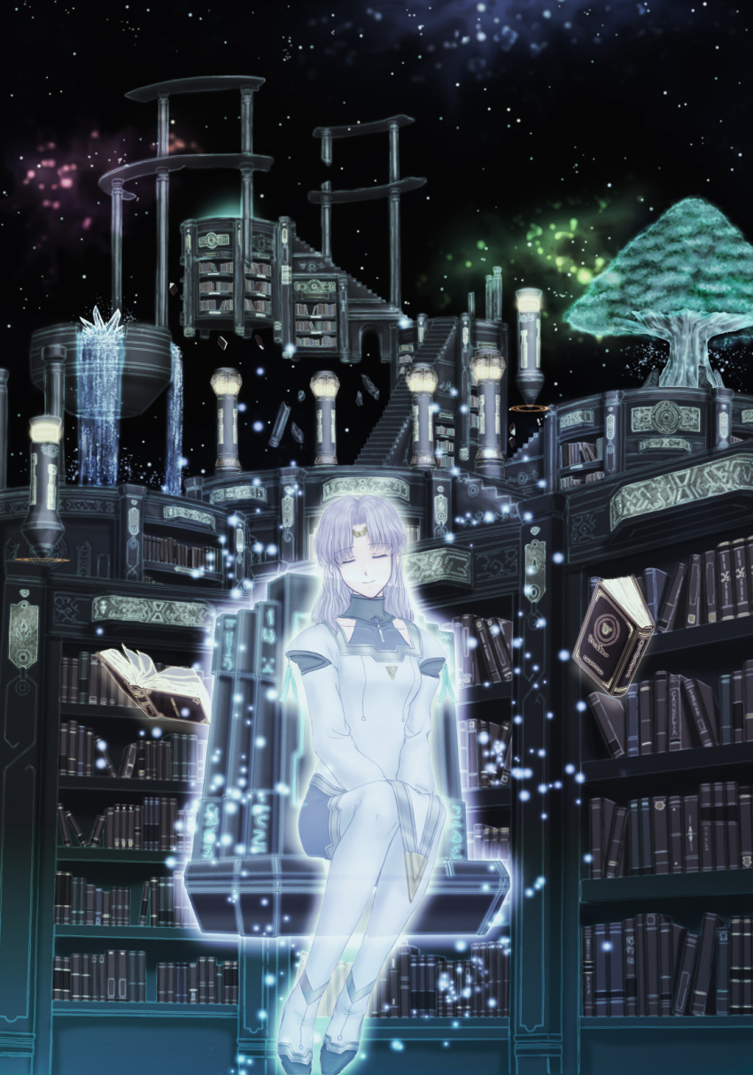 1girl, book, bookshelf, chair, closed_eyes, falcom, female_focus, glowing