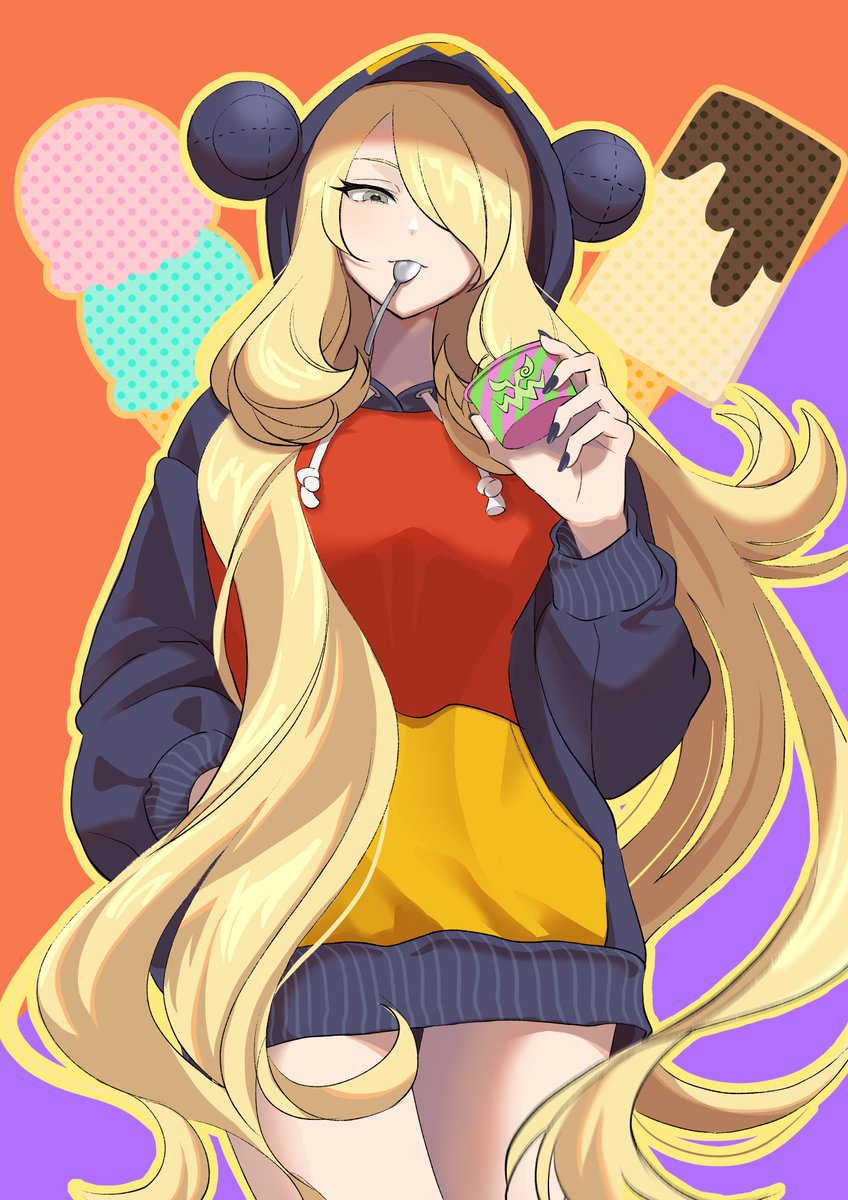 1girl, blonde_hair, breasts, cynthia_(pokemon), food, gen_4_pokemon, grey_eyes, hair_ornament