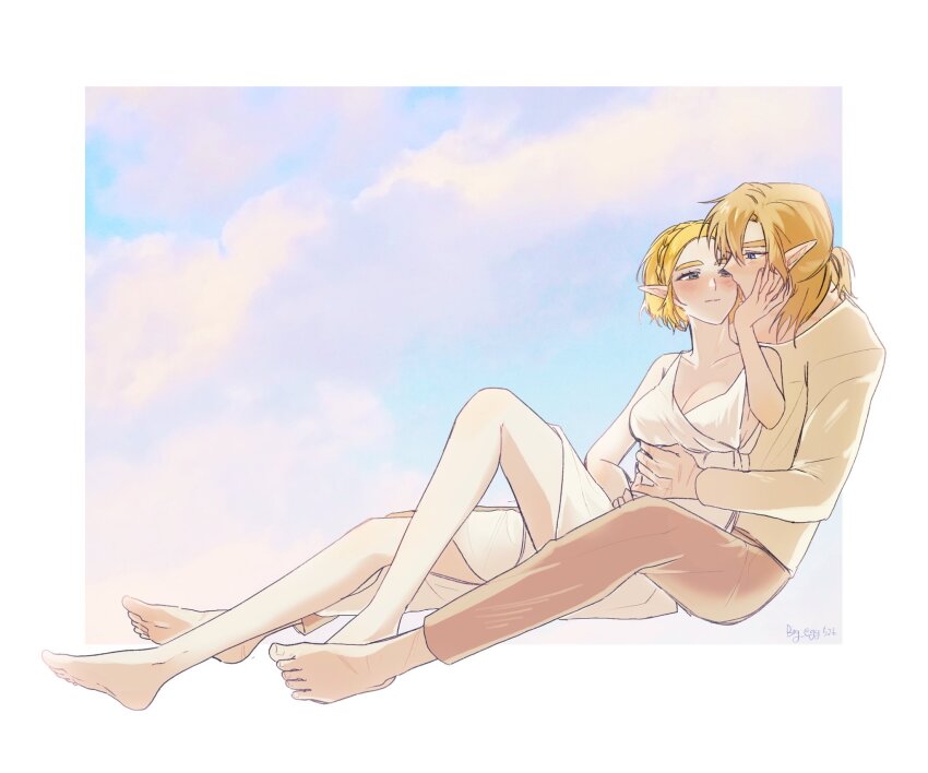 1boy, 1girl, artist_name, barefoot, big_egg526, blonde_hair, border, braid