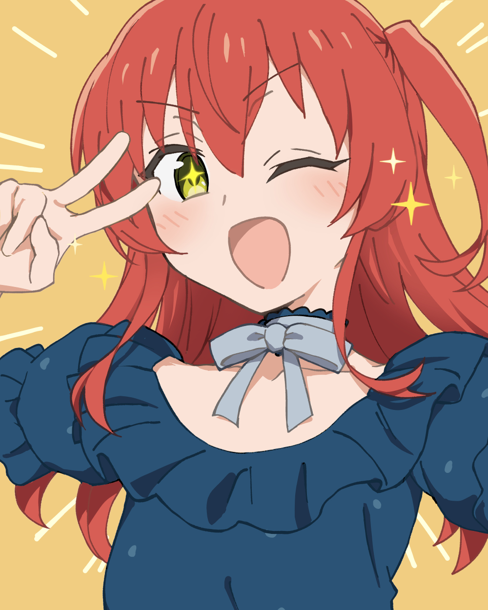 blue_dress, blush, bocchi_the_rock!, bow, bowtie, dress, emphasis_lines, frilled_dress