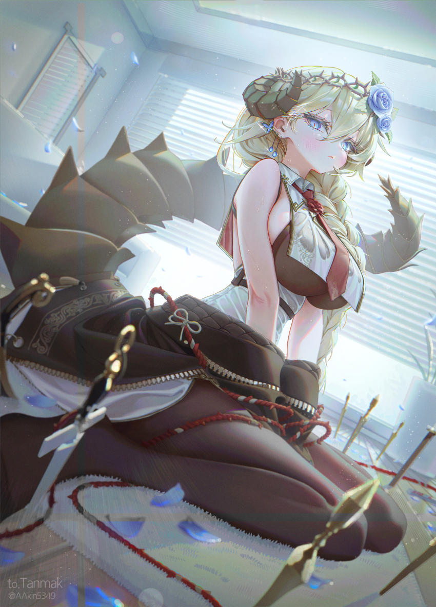 1girl, aakin5349, absurdres, animal_ears, bare_shoulders, black_horns, black_pantyhose, blonde_hair