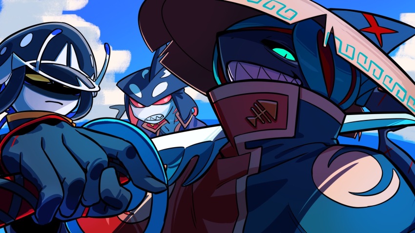 antennae, blue_eyes, character_request, gloves, hat, highres, holding, holding_sword