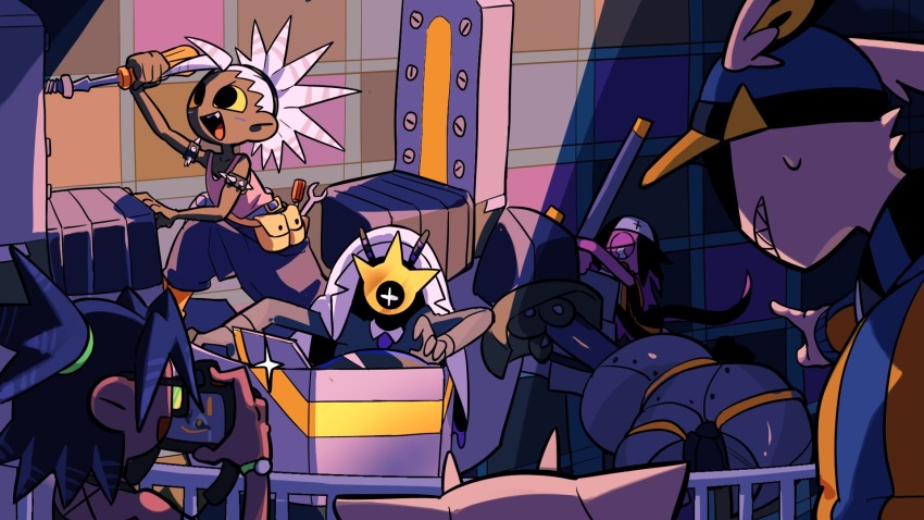 animal_ears, camera, character_request, chris_(kana_tera), crying, hair_tie, highres, horns, kana_tera, lumena_(kana_tera), machinery, one-eyed, original, pointing, pointing_at_another, regito_(kana_tera), screwdriver, sharp_teeth, sol_(kana_tera), sparkle, star-shaped_pupils, star_(symbol), sweatdrop, symbol-shaped_pupils, teeth, wrench, yellow_eyes