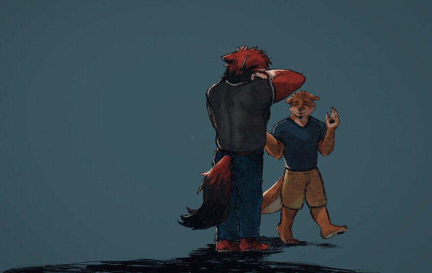 2boys, animal_ears, barefoot, black_shirt, blue_background, blue_pants, blue_shirt, brown_shorts, chase_hunter, claws, closed_eyes, commentary, crying, echo_(visual_novel), echo_project, english_commentary, facing_another, furry, furry_male, highres, ikanaide_(vocaloid), leo_alvarez, localmole22, male_focus, multiple_boys, otter_boy, otter_ears, otter_tail, pants, pawpads, shirt, shorts, smile, tail, whiskers, wolf_boy, wolf_ears, wolf_tail