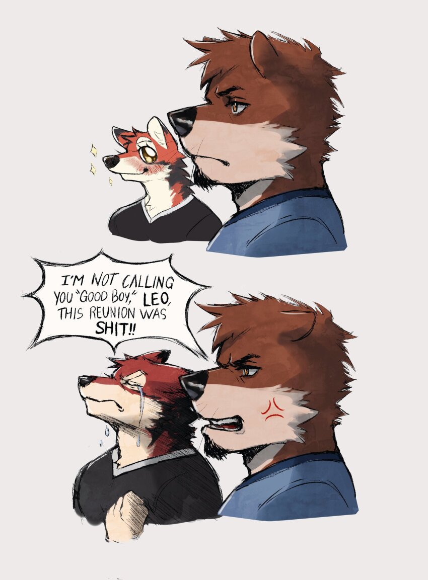 2boys, anger_vein, angry, animal_ears, black_shirt, blue_shirt, chase_hunter, closed_eyes