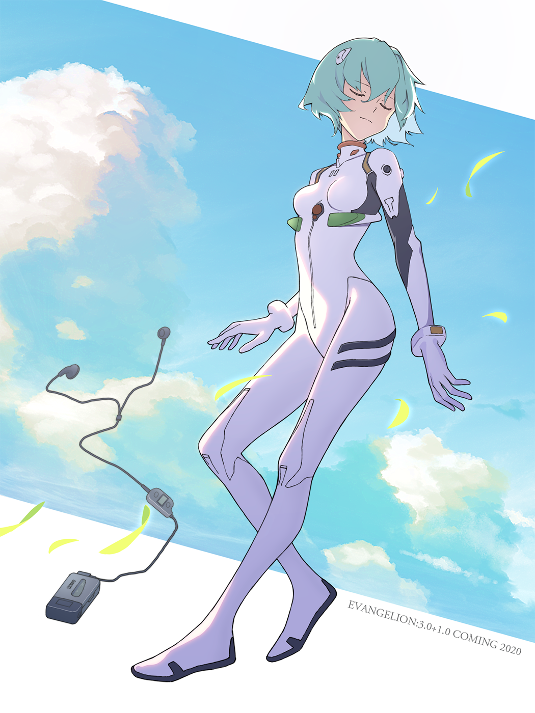 1girl, ayanami_rei, blue_hair, bodysuit, cable, closed_eyes, cloud, cloudy_sky