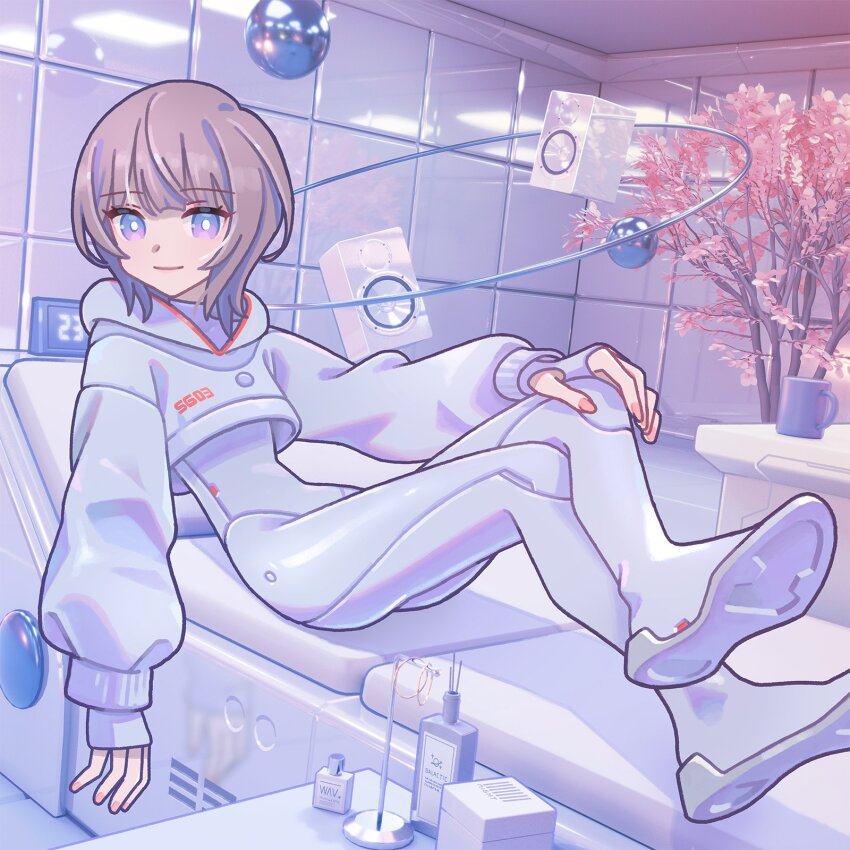 1girl, alarm_clock, bodysuit, bottle, clock, commentary_request, cropped_hoodie, crossed_legs