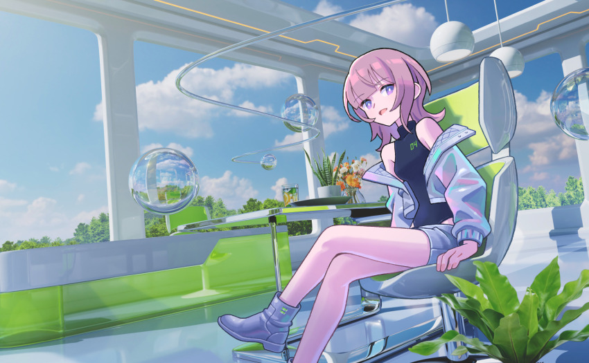 1girl, black_leotard, chair, cloud, cloudy_sky, collared_leotard, cropped_jacket, crossed_legs