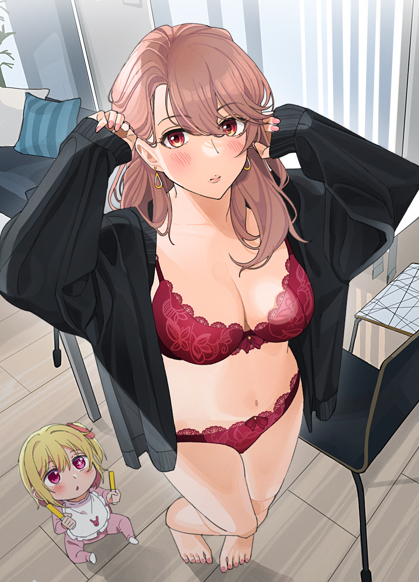2girls, adoptive_parent_and_adoptive_child, baby, bare_legs, barefoot, black_cardigan, blush, bra, breasts, brown_hair, cardigan, cleavage, collarbone, commentary_request, different_source, earrings, fingernails, glowstick, highres, holding, holding_glowstick, hoshino_ruby, indoors, jewelry, lace, lace-trimmed_bra, lace-trimmed_panties, lace_trim, large_breasts, lingerie, long_sleeves, looking_at_another, looking_at_viewer, mature_female, mother_and_child, mother_and_daughter, multiple_girls, navel, open_cardigan, open_clothes, oshi_no_ko, panties, parent_and_child, red_bra, red_eyes, red_panties, saitou_miyako, sleeves_past_wrists, stomach, tipii, toenails, underwear