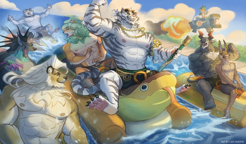 6+boys, abs, absurdres, animal_ears, artist_name, bara, blue_sky, brewster_(garmr)_(dislyte)