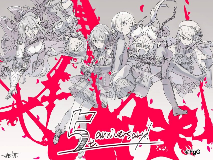 6+girls, anniversary, artist_name, bandaid, bandaid_on_face, bandaid_on_nose, boots, chain