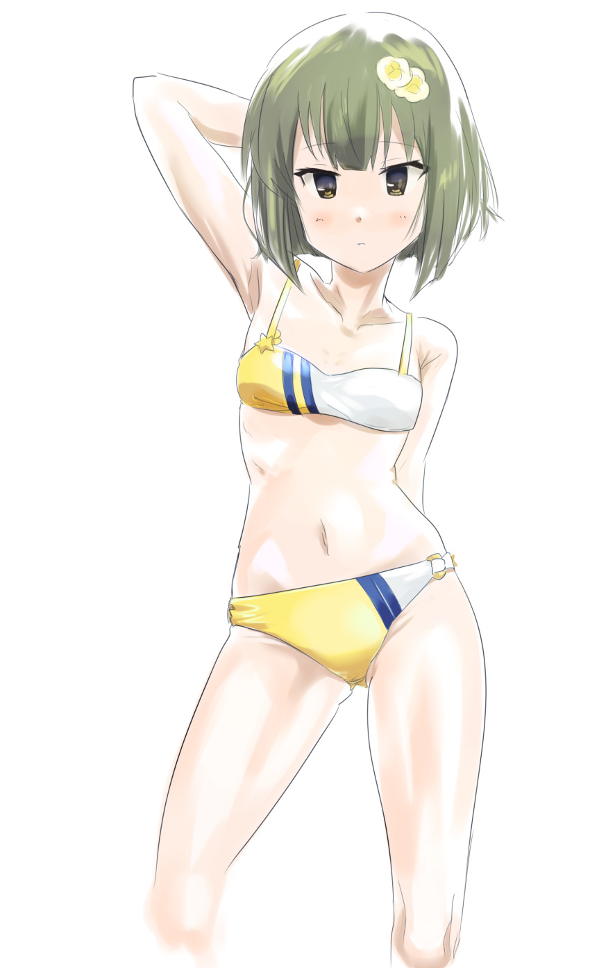 1girl, absurdres, arm_behind_head, armpits, ban_tsugumi, bare_shoulders, bikini, blush