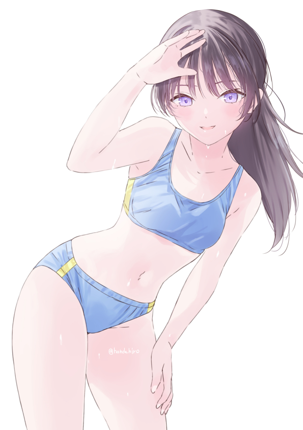 1girl, bare_legs, bare_shoulders, black_hair, blue_buruma, blue_sports_bra, blush, buruma