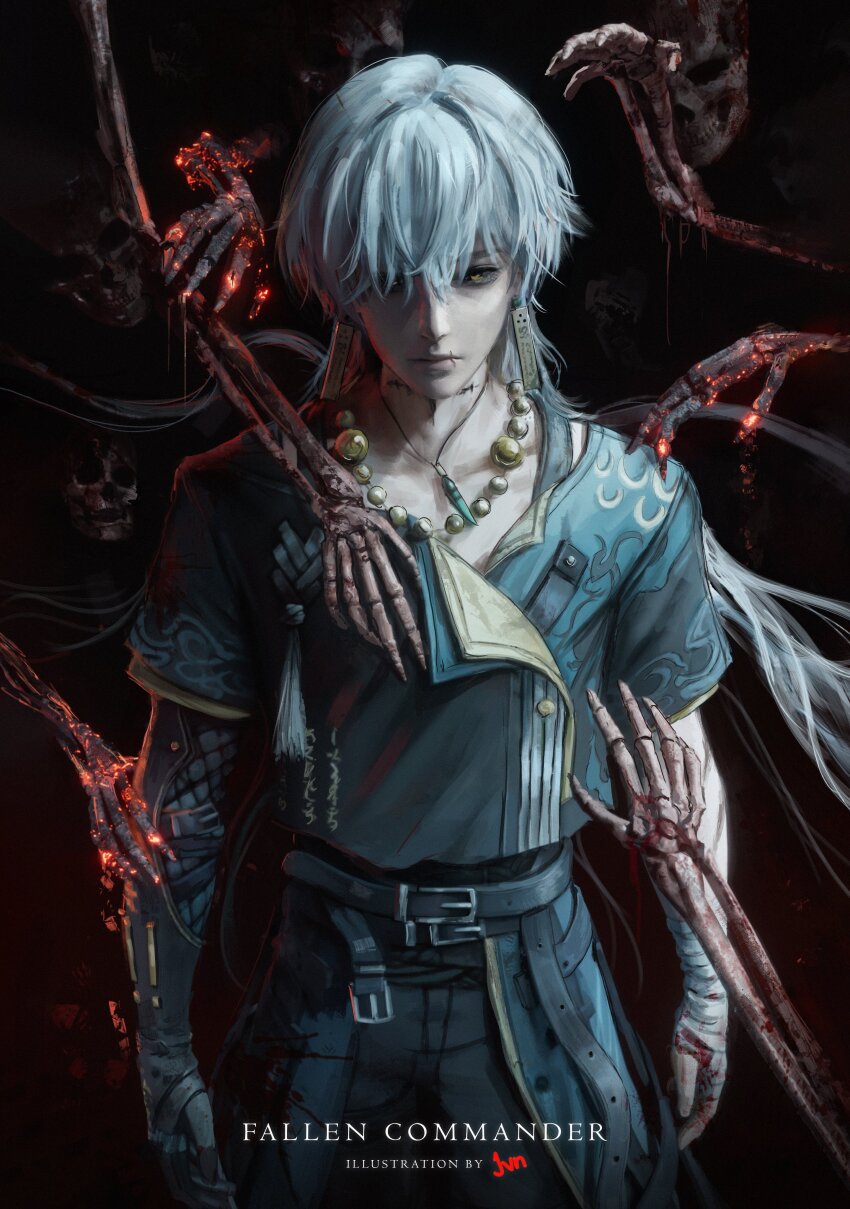 1boy, absurdres, artist_name, bandaged_arm, bandages, belt, black_belt, black_pants