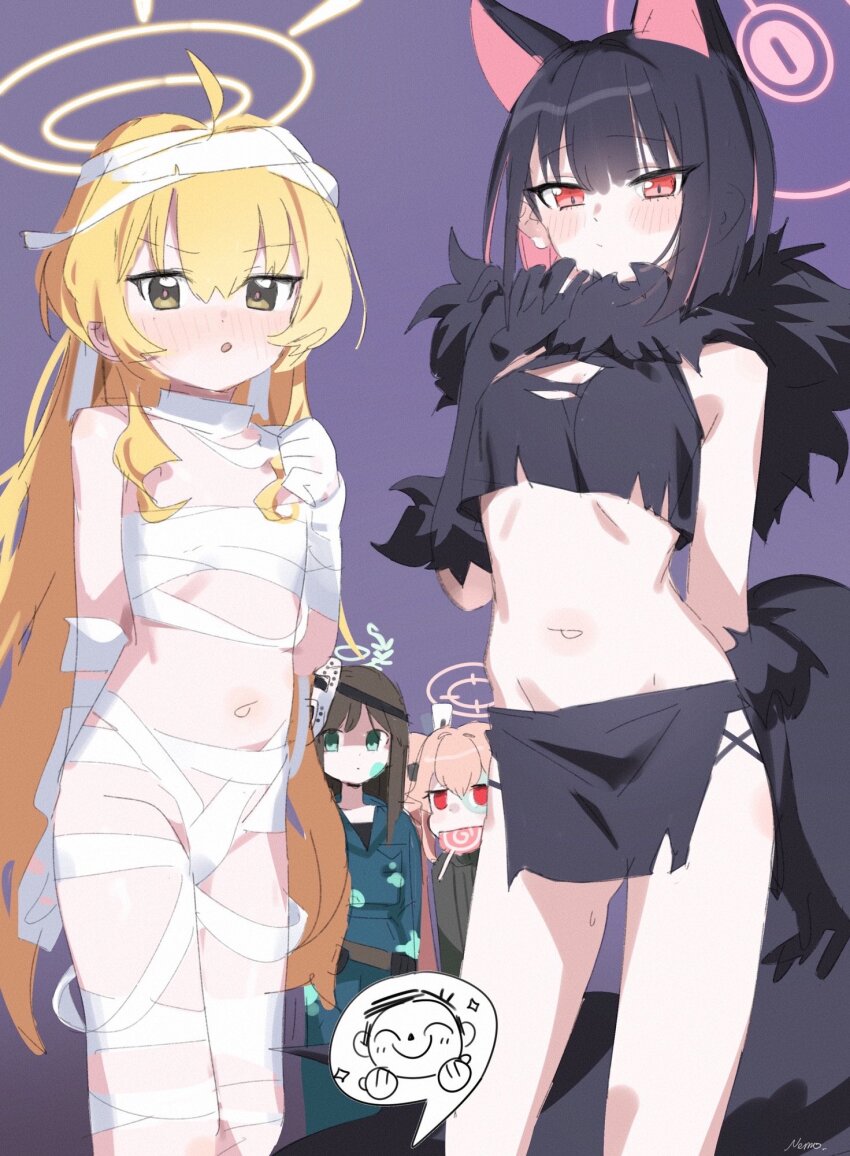4girls, ^_^, airi_(blue_archive), airi_(halloween)_(blue_archive), animal_ears, bandages, black_hair, black_skirt, blonde_hair, blue_archive, blush, breasts, candy, closed_eyes, closed_mouth, commentary, crop_top, doodle_sensei_(blue_archive), food, halloween, halloween_costume, halo, highres, kazusa_(blue_archive), kazusa_(halloween)_(blue_archive), lollipop, long_hair, looking_at_viewer, mask, mask_on_head, medium_breasts, multiple_girls, mummy_costume, natsu_(blue_archive), natsu_(halloween)_(blue_archive), navel, nemo_(leafnight), nose_blush, parted_lips, pink_hair, purple_background, red_eyes, sensei_(blue_archive), shaded_face, skirt, swirl_lollipop, untranslatable_commentary, torn_clothes, very_long_hair, yoshimi_(blue_archive), yoshimi_(halloween)_(blue_archive)