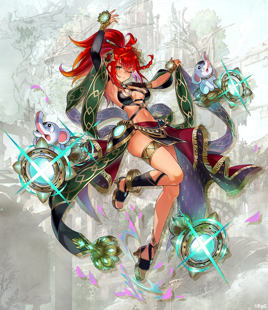 1girl, ;), arms_up, bikini, bikini_top_only, black_bikini, braid, closed_mouth, commentary_request, copyright_notice, dancer, dark-skinned_female, dark_skin, elephant, full_body, green_eyes, harem_outfit, high_heel_sandals, high_heels, lifting_own_clothes, long_hair, looking_at_viewer, nakatsun_(gumi), official_alternate_costume, official_art, one_eye_closed, petals, phantom_of_the_kill, purple_petals, red_hair, sandals, second-party_source, smile, solo, standing, standing_on_one_leg, swimsuit, thigh_strap, vajra_(phantom_of_the_kill)