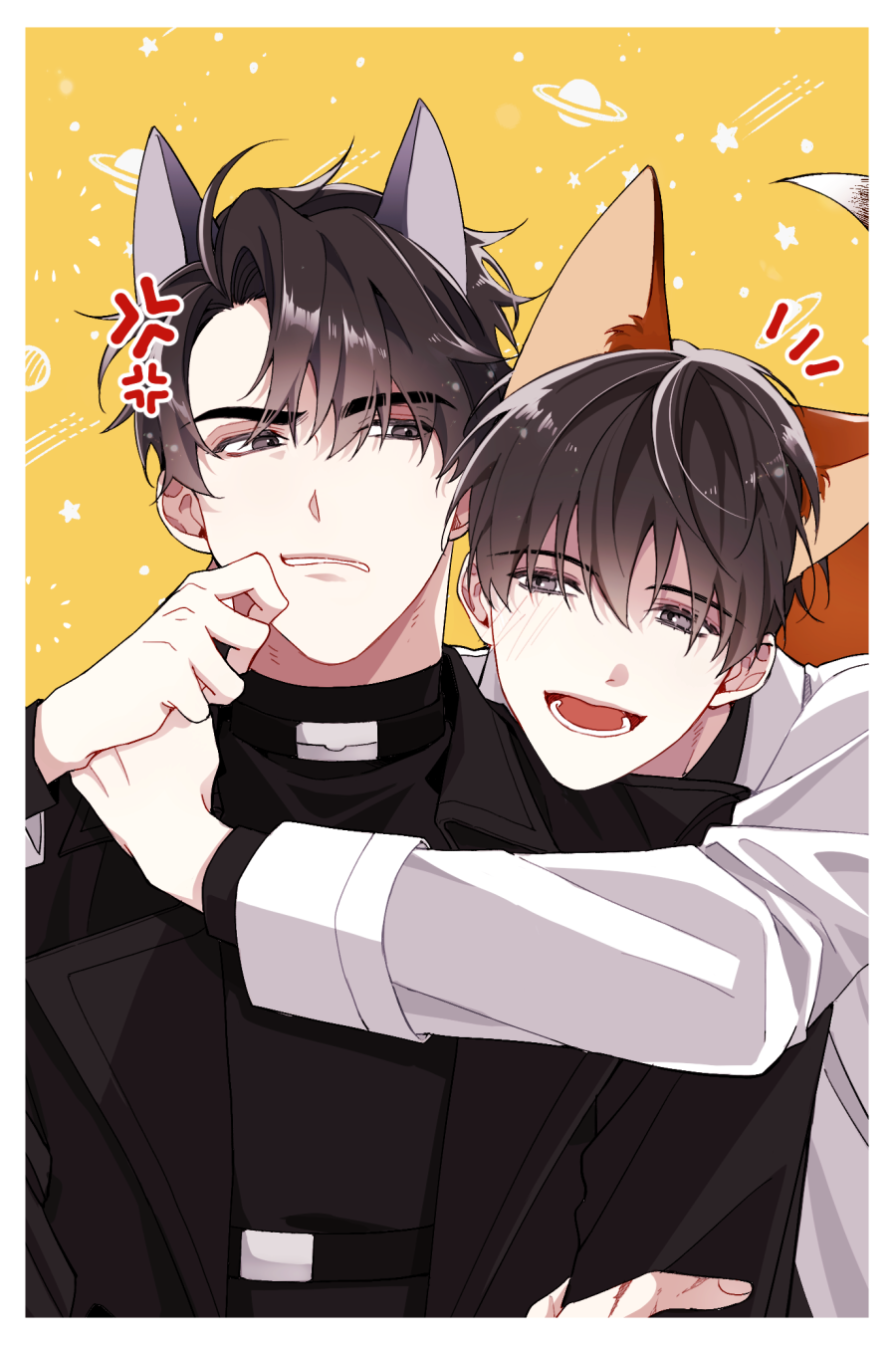 anger_vein, animal_ears, black_coat, black_hair, border, brown_eyes, coat, commentary_request, daihu_ku, fox_boy, fox_ears, fox_tail, hair_between_eyes, highres, hug, hug_from_behind, kim_dokja, korean_commentary, light_blush, long_sleeves, motion_lines, omniscient_reader's_viewpoint, open_mouth, short_hair, smile, star_(symbol), star_symbol_background, tail, teeth, upper_body, white_border, white_coat, wolf_boy, yellow_background, yoo_joonghyuk