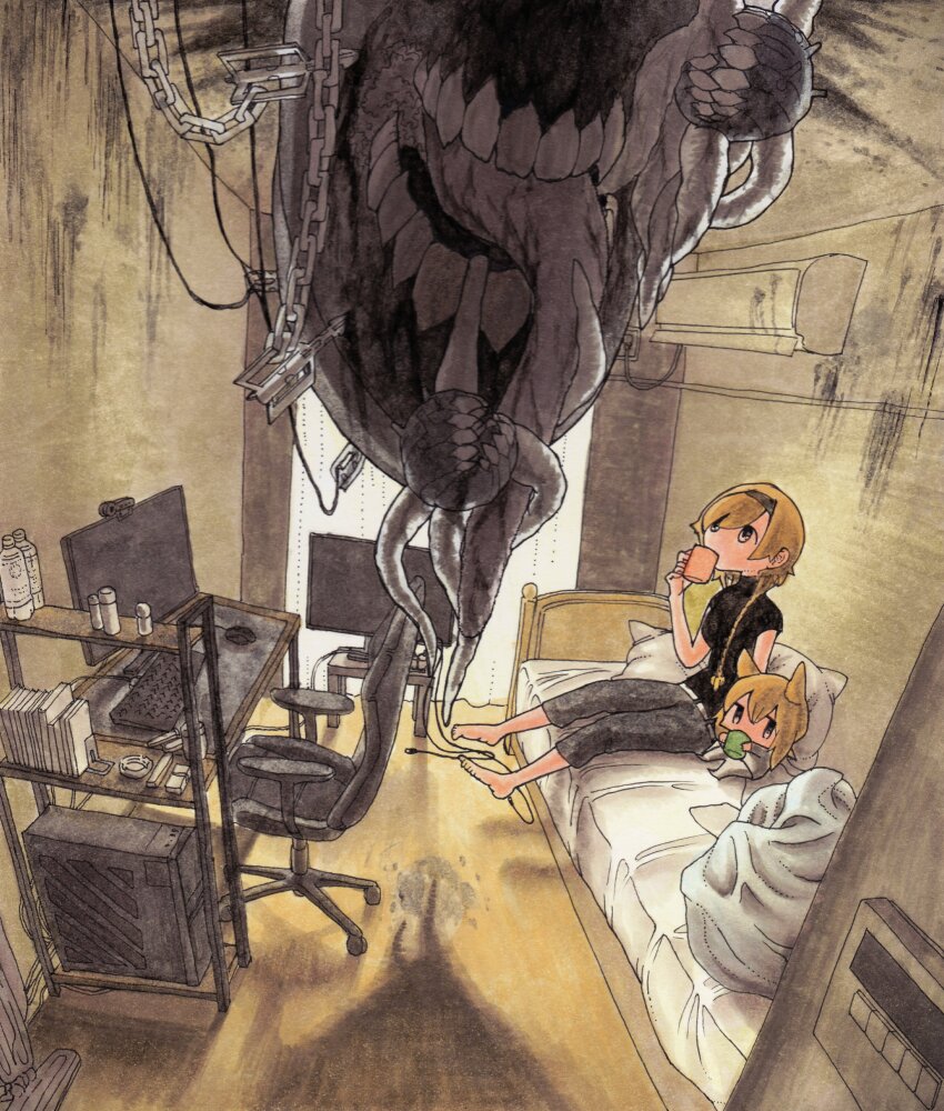 2girls, absurdres, abyssal_ship, air_conditioner, barefoot, bed, black_footwear, bottle