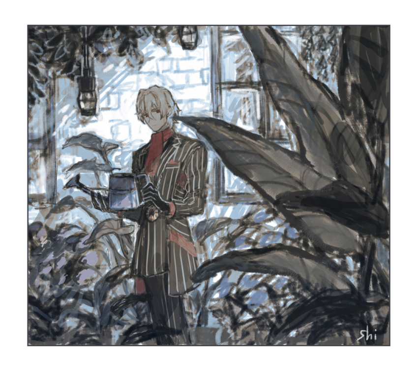 1boy, antonio_salieri_(fate), antonio_salieri_(second_ascension)_(fate), ascot, black_gloves, black_pants, brick_wall, closed_mouth, fate/grand_order, fate_(series), gloves, grey_hair, hair_between_eyes, half_updo, holding, holding_watering_can, jacket, long_sleeves, looking_at_viewer, male_focus, medallion, pants, pinstripe_jacket, pinstripe_pants, pinstripe_pattern, plant, red_ascot, red_eyes, shiroki1020556, short_hair, solo, striped_clothes, striped_jacket, striped_pants, vertical-striped_clothes, vertical-striped_jacket, vertical-striped_pants, watering_can, window