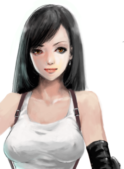 1990s_(style), 1girl, black_hair, breasts, brown_eyes, earrings, elbow_gloves, female_focus, final_fantasy, final_fantasy_vii, gloves, jewelry, long_hair, solo, suspenders, tank_top, tetsuko_(jukai), tifa_lockhart, white_background