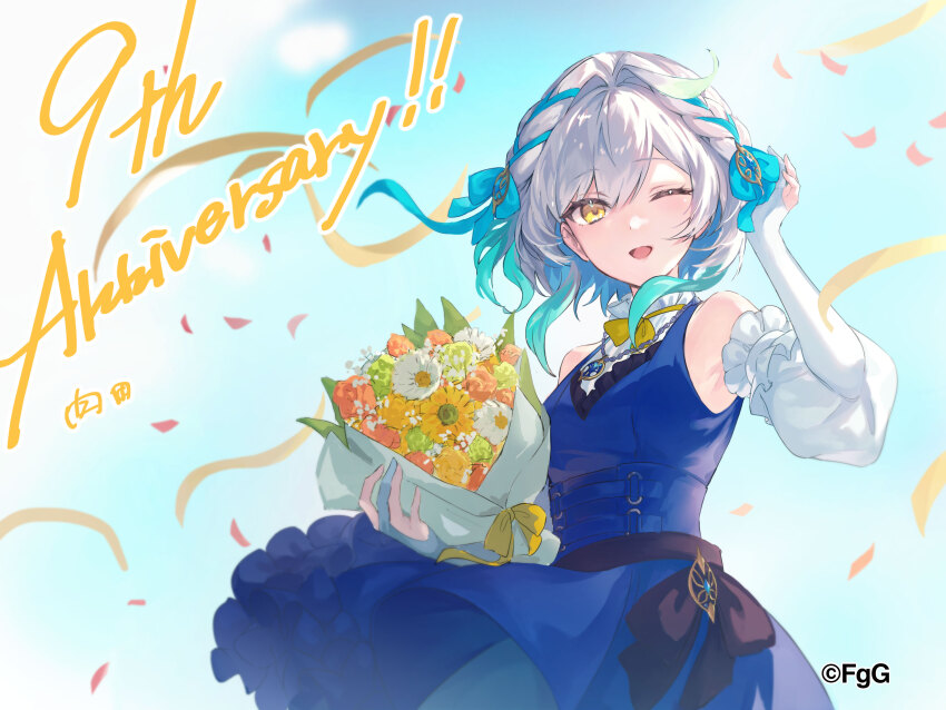 1girl, ;d, absurdres, anniversary, aqua_bow, artist_name, black_bow, blue_dress