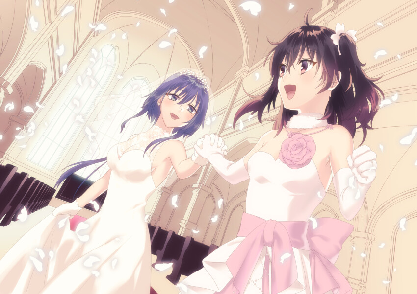 2girls, :d, ahoge, asakura_mihono, bare_shoulders, blue_eyes, blue_hair, breasts, bridal_veil, church, cleavage, clenched_hand, collarbone, commentary_request, dress, earrings, elbow_gloves, falling_petals, female_focus, flower, fur_choker, gloves, hair_between_eyes, highres, holding_hands, holding_own_dress, imotaberu, indoors, interlocked_fingers, jewelry, large_breasts, long_hair, medium_breasts, medium_hair, mole, mole_under_eye, multiple_girls, open_mouth, petals, ponytail, purple_eyes, purple_hair, setouchi_chie, sidelocks, smile, standing, strapless, strapless_dress, toji_no_miko, two_side_up, veil, wedding_dress, white_dress, white_gloves, wife_and_wife, yuri