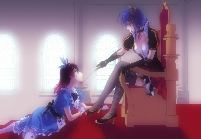 2girls, alice's_adventures_in_wonderland, alice_(alice_in_wonderland), alice_(alice_in_wonderland)_(cosplay), asakura_mihono, black_choker, black_footwear, black_gloves, blue_bow, blue_bowtie, blue_dress, blue_eyes, blue_hair, bow, bowtie, breasts, brown_hair, choker, cleavage, closed_mouth, commentary_request, cosplay, crossed_legs, crown, dress, elbow_gloves, frilled_dress, frilled_gloves, frills, from_side, furrowed_brow, gloves, grey_thighhighs, hair_ornament, hairclip, high_heels, holding, holding_riding_crop, imotaberu, indoors, jewelry, large_breasts, layered_skirt, looking_at_another, lying, medium_hair, mole, mole_under_eye, multiple_girls, on_throne, pantyhose, pendant_choker, puffy_short_sleeves, puffy_sleeves, queen_of_hearts_(alice_in_wonderland), queen_of_hearts_(alice_in_wonderland)_(cosplay), riding_crop, setouchi_chie, short_hair, short_sleeves, sitting, skirt, sweatdrop, thighhighs, throne, toji_no_miko, white_gloves, white_pantyhose, yuri