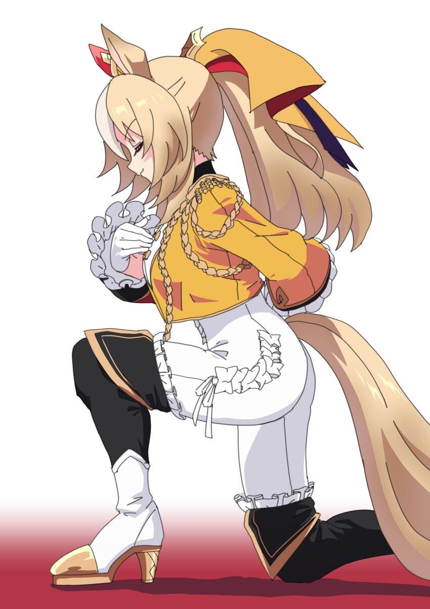 1girl, absurdres, animal_ears, arm_behind_back, black_thighhighs, blonde_hair, bodysuit, closed_eyes