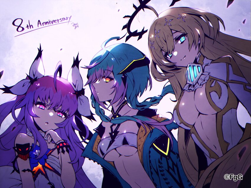 3girls, :o, absurdres, ahoge, anniversary, aqua_eyes, artist_name, bandeau