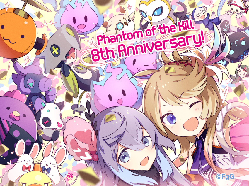 2girls, :d, ;d, absurdres, ahoge, anniversary, artist_name, bird