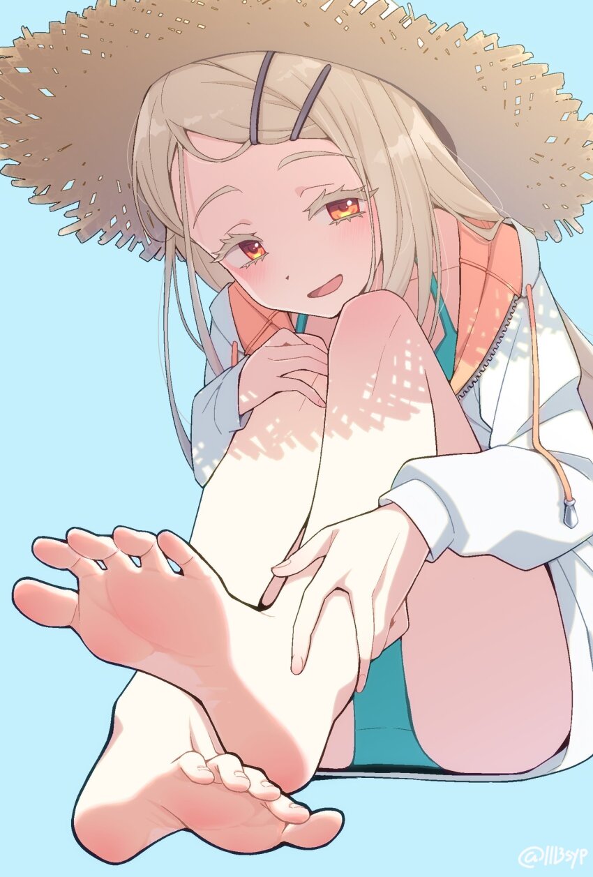 1113syp, 1girl, ass, bikini, blue_background, blush, colored_eyelashes, dot_nose, feet, full_body, gakuen_idolmaster, green_bikini, hair_ornament, hairclip, hand_on_own_knee, hand_on_own_leg, hat, highres, hood, hood_down, hoodie, idolmaster, kimi_to_semi_blue_(idolmaster), knees_up, light_brown_hair, long_hair, long_sleeves, looking_at_viewer, open_clothes, open_hoodie, open_mouth, orange_eyes, shadow, shinosawa_hiro, simple_background, sitting, smile, soles, solo, straw_hat, swimsuit, toes, twitter_username, white_hoodie, zipper