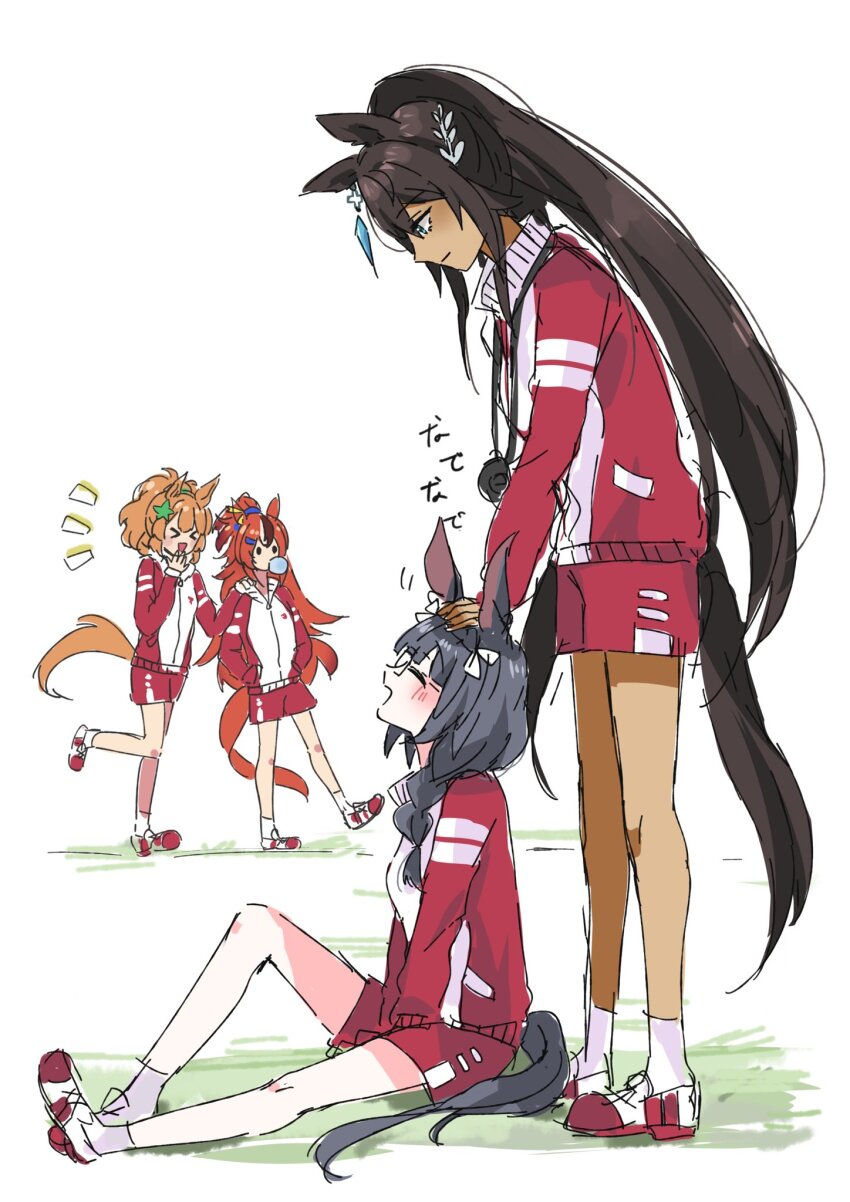 >_<, alternate_costume, animal_ears, black_hair, blue_eyes, breasts, brown_hair, bubble_gum_fellow_(umamusume)