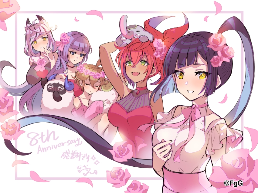 5girls, :d, :o, absurdres, ahoge, alternate_costume, anniversary, arm_up