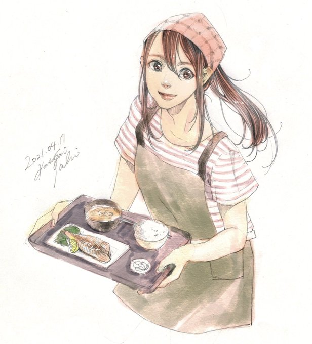 1girl, apron, artist_name, bowl, brown_eyes, brown_hair, commentary_request, cropped_legs