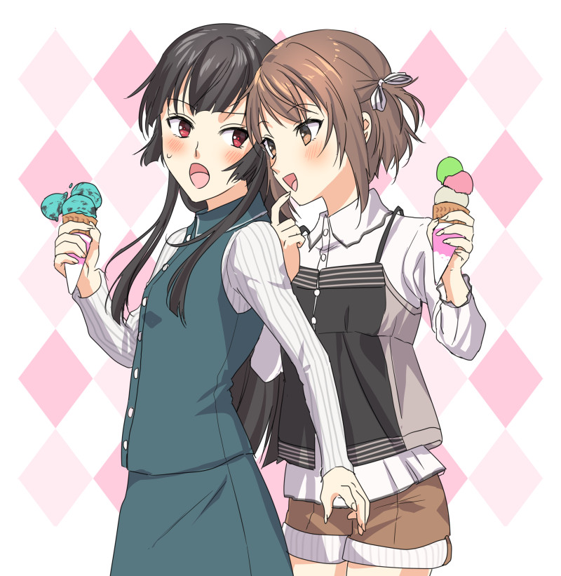 2girls, black_camisole, black_hair, blue_jacket, blue_skirt, blunt_bangs, blush, brown_eyes