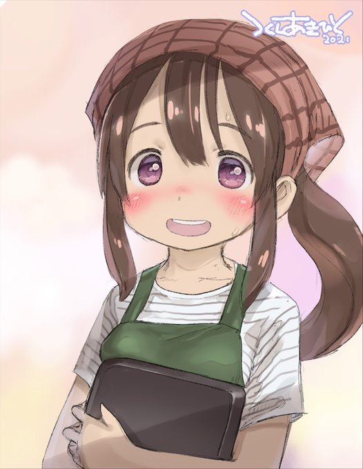 1girl, :d, apron, artist_name, blush, brown_hair, brown_headscarf, commentary_request, dated, green_apron, headscarf, holding, holding_tray, kuchibeta_shokudou, kuchinashi_hiyono, long_hair, looking_at_viewer, open_mouth, ponytail, purple_eyes, second-party_source, shirt, short_sleeves, sidelocks, smile, solo, striped_clothes, striped_shirt, sweat, t-shirt, teeth, tenugui, tray, tsukushi_akihito, upper_body, upper_teeth_only, waitress, white_shirt