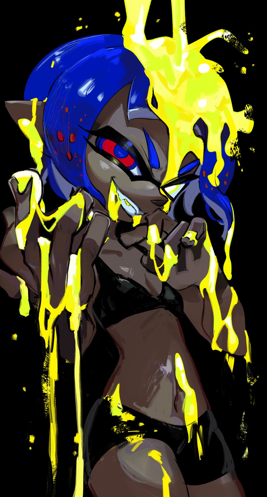 1girl, blue_hair, d0000_ff, dark-skinned_female, dark_skin, heterochromia, highres, ink, inkling, inkling_girl, inkling_player_character, looking_at_viewer, nintendo, red_eyes, splatoon_(series), splatoon_3, underwear, yellow_eyes