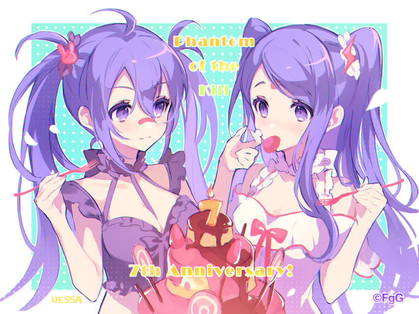 2girls, absurdres, ahoge, anniversary, aqua_background, artist_name, bandaid, bandaid_on_face