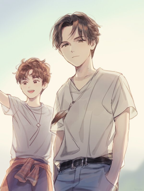 2boys, belt, brown_eyes, brown_hair, closed_mouth, commentary_request, denim, eno_bw